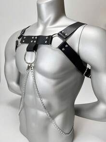 1 Buah Sabuk Dada Kulit PU Pria Rantai Tiga Cincin Depan untuk Kostum Halloween Punk Rave Suspender - Hitam - View 3