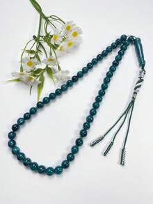 1pc 51-Bead Muslim Prayer Beads, Dark Green Patterned Round Beads Tasbih, Handmade Woven Hanging Rope With Tassel, Handheld Prayer Beads - Multicolor - View 4