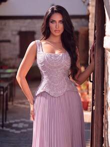 Faeriesty Luxury Elegant Beaded & Sequined Pleated Long Formal Evening Gown Party Pink Wedding Fall - Pink - View 3
