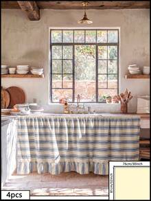 1/2pcs Beige & Blue Horizontal Striped Sink Skirt, Rustic Country Style Fabric Material, Rectangular Top With Pleated Detail And Bottom Ruffle Hem, Concealing Storage And Decorative Function, Kitchen Sink Curtain Suitable For Kitchen Sink Concealment And Natural Country Home Decor Scenes - Blue - View 12