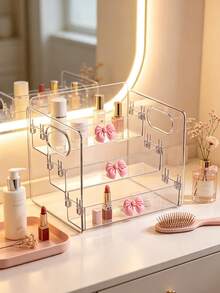 Pink Bow Desktop Organizer/Portable Three-Tier Storage Rack/Cosmetic Organizer/Suitable For Storing Lipsticks, Perfumes, Makeup Brushes, Toners, Lotions, Etc./Applicable For Bathrooms, Bedrooms, And Vanities/Desk & Drawer Organizer For Home Storage - Multicolor - View 3