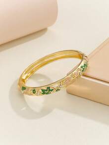 1pc Fashion New Style Gold Plated Exquisite Rhinestone Flower Pattern Enamel Cloisonne Bracelet Bangle Jewelry Gift For Girls Women - Green - View 3