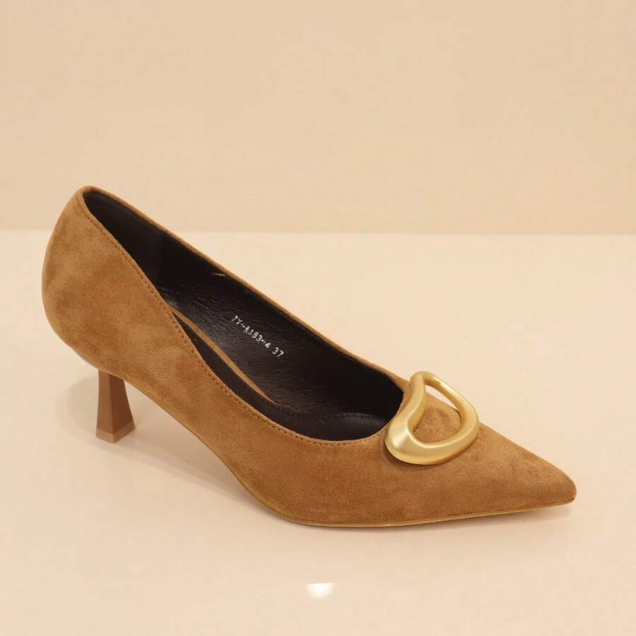 angelica Zapato De Tacón Medio Para Mujer Con Punta Fina, Efecto Ante Y Adorno Metálico Elegante Preppy Metal Oficina - Camel - View 1