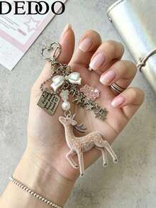 Dedoo Deer-Shaped Keychain Pendant, Lace Pearl Bow Bag Charm, Korean Sweet Clover Backpack Hanging Chain, Y2K Girly Style Gift - Multicolor - View 5