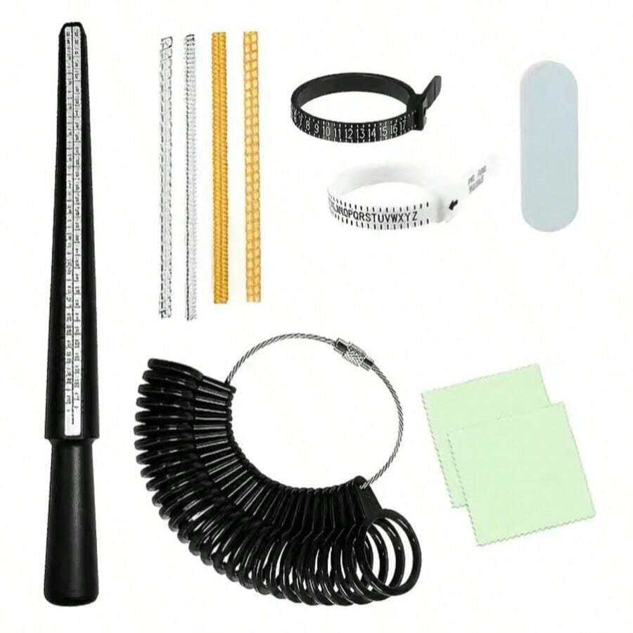 11pcs Ring Size Measurement Set, Plastic Ring Mandrel, Wrapping Wire, Ring Sizer, Cleaning Stick, Polishing Cloth, Suitable For Jewelers, Designers, Wedding Ring Customization - A - View 1