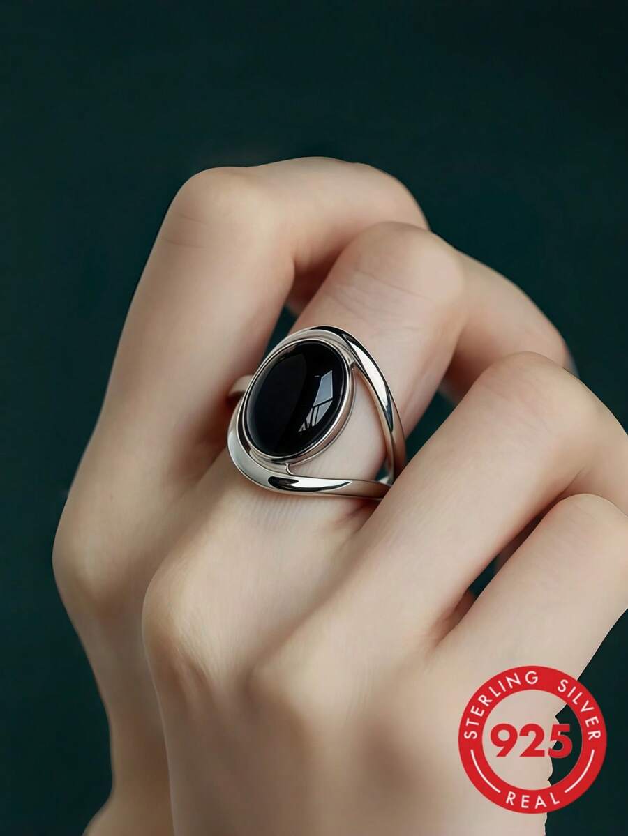 1pc S925 Sterling Silver Fashion Hollow Evening Luxury Commute Versatile Elegant Exquisite Inlaid Artificial Black Agate Niche Minimalist Design Women's Ring With Gift Box, Ideal Gift For Women And Girls On Any Occasion. Perfect Gift For Women, Perfect Christmas Gift, Gift For Mom, Gift For Wife, Gift For Daughter, Perfect Birthday Gift, Anniversary Gift, Graduation Gift, Mother's Day Gift, Valentine's Day Gift - Silver - View 1