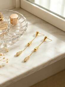 Women's Elegant Long Linear Dangle Earrings, Sparkling CZ Pave Pendant Earrings, Long Chain Earrings, Suitable For Wedding, Party, Date, Daily Wear, Gift - Gold - View 5