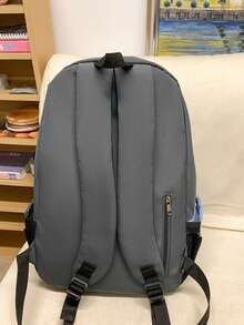 Dedoo Colorblock Zipper Backpack, Letter Embroidery & Label Detail, Large Capacity, Student School Bag, Suitable For University Campus, Back To School Student Backpack - Grey - View 4