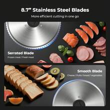 YASHE Electric Slicer With 200W DC Motor - Features Two Removable 8.7" Stainless Steel Blades And Adjustable Thickness Control (0-15mm). Includes Food Tray And Hand Grip - Perfect For Slicing Meats, Cheeses, Breads, And Vegetables With Professional - US A Type Plug(110-127V) - View 4