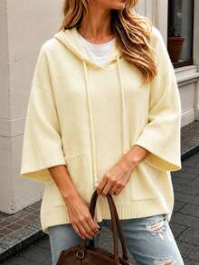 Plus Size Women's Solid Color Knit Fabric Pocket Drawstring Casual Versatile Commute Loose Hooded Pullover Sweater Holiday Daily Date Single Fall - Pale Yellow - View 2