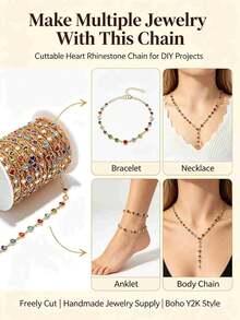 Rantai Tembaga Berwarna-warni Berbentuk Hati Berkilau dengan Batu Permata Kaca Sepanjang 100cm/39,37in, Aksesori Pembuatan Perhiasan DIY, Cocok untuk Pembuatan Kalung, Gelang, Gelang Kaki, Anting-anting, dan Perhiasan Hadiah Buatan Tangan - MultiWarna - View 7