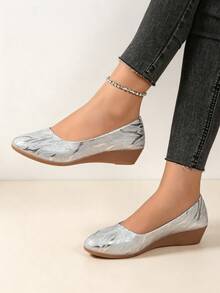 Women's Matte Glitter Thick Sole Wedge Pumps, Casual Outdoor Work Shoes, Flat Shoes - Silver - View 3