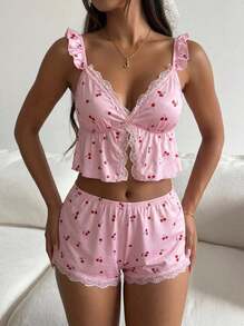 DAZY 2pcs/Set Women's Pink Cherry Print Lace Patchwork Pajama Top And Pants Loungewear Set - Pink - View 2