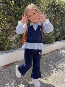 Girls' Early Autumn Sweet Cute Preppy Style 2 Pieces Set, Shirt Collar Patchwork Vest Polo Shirt + Navy Blue Wide Leg Pants, Fashionable Spring/Autumn Outfit Suitable For Daily, Outdoor, School, Commute, Vacation, Party / Comfortable Versatile 2 Pieces Set For School - Royal Blue - View 1