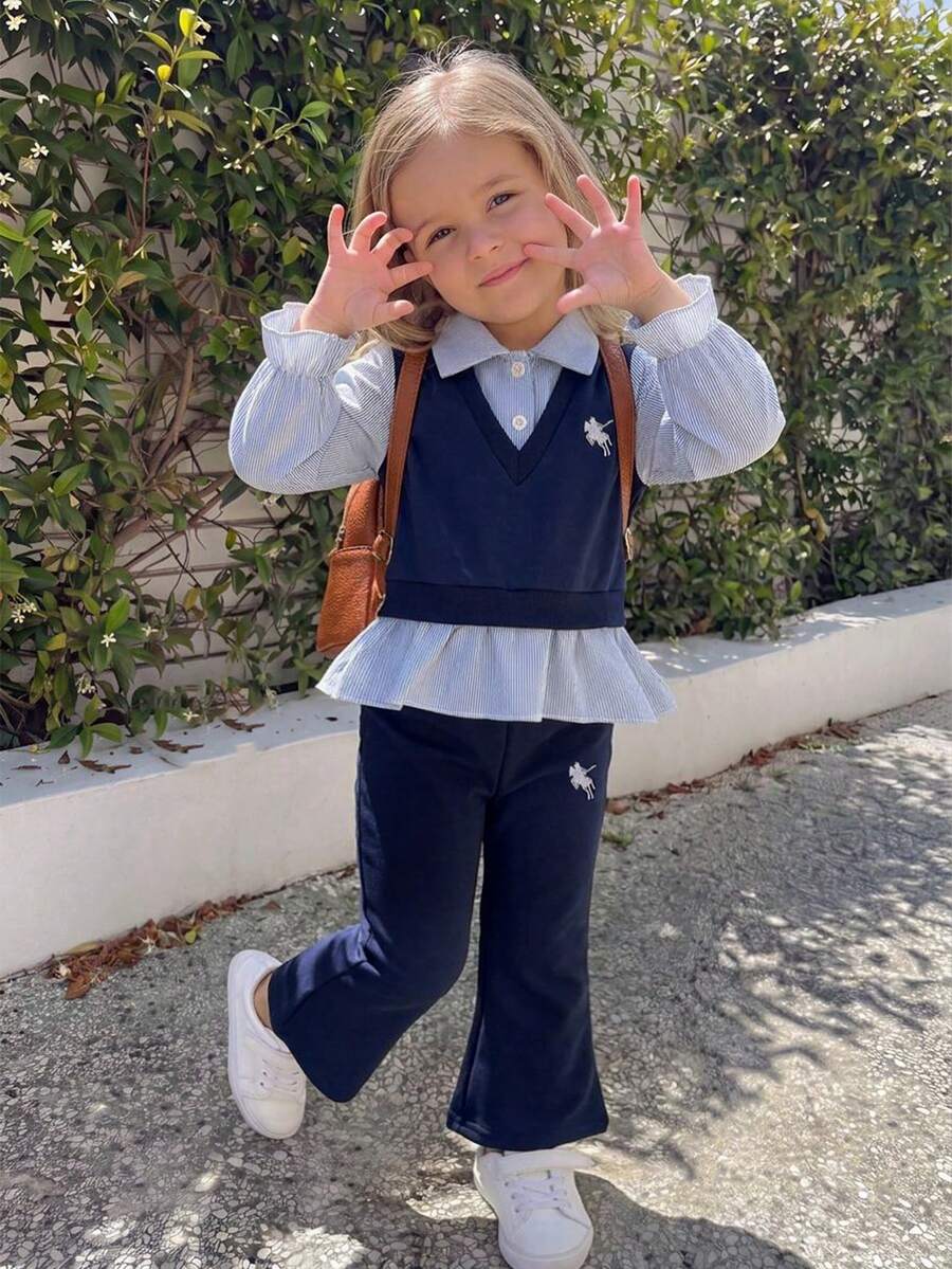 Girls' Early Autumn Sweet Cute Preppy Style 2 Pieces Set, Shirt Collar Patchwork Vest Polo Shirt + Navy Blue Wide Leg Pants, Fashionable Spring/Autumn Outfit Suitable For Daily, Outdoor, School, Commute, Vacation, Party / Comfortable Versatile 2 Pieces Set For School - Royal Blue - View 1