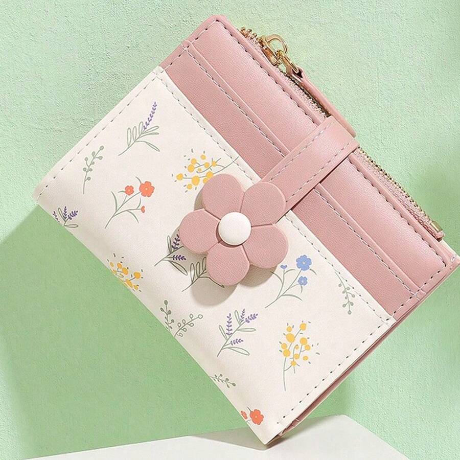 New Korean Cute Floral PU Leather Short Wallet Student Coin Purse Card Holder Zipper Pouch For Women Wallet Mini Wallet Purse Wallet Small Wallet Cute Wallet Wallet Fall Autumn