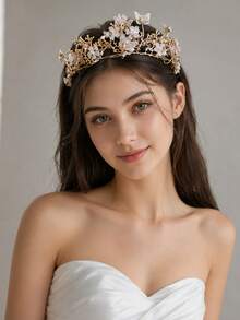 金色蝴蝶花珍珠新娘皇冠髮箍 女款新娘髮飾 適合單身派對與婚禮裝飾 - 香檳色 - 查看 3