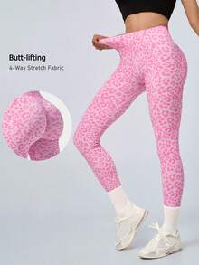 NcmRyu 1pc Women's Fashionable Elastic Contrast Color Leopard Print Ribbed Waist Sport Leggings - Pink - View 10