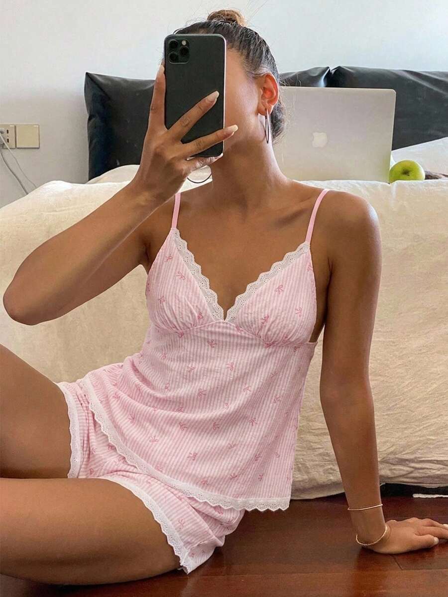 DAZY 2pcs/Set Women's Pink Lace Patchwork Bow Deep V-Neck Cute Sexy Striped Sleeveless Backless Ruffle Lace Hem Slip Dress Short Nightgown Set - Pink - View 1