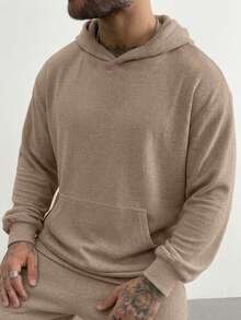 Soft Textured Hoodie & Jogger Pants Set, Kangaroo Pocket Hooded Sweatshirt + Cuffed Sweatpants, Loose Casual 2 Pieces Outfit For Home And Outings - Khaki - View 4