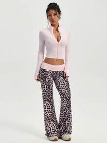 Women 2 Pieces Tracksuit,Zip Up Long Sleeve Crop Jacket & Fold Waist Leopard Flared Pants,Soft Knit For Spring,Athleisure,Gym - Pink - View 4
