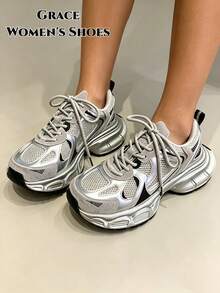 New Casual Sports Shoes, Fashion Thick Sole Sneakers, Versatile Couple Shoes, Suitable For All Seasons - Silver - View 3