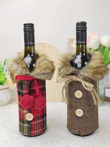 Rustic Vintage Style, Linen Fabric, Cylindrical Shape, Faux Fur Collar, Wooden Buttons And Pom Pom Decoration, Decorative And Protective Function, Wine Bottle Sleeve, Suitable For Christmas, Holiday Dinner, Home Kitchen, Party And Winter Scenes - View 2
