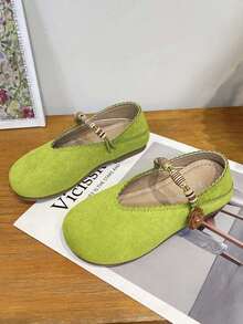 Girls' Vintage Shallow-Cut Mary Jane Shoes, Spring/Autumn Soft Sole Hook And Loop Flower Decor Princess Shoes - Green - View 1