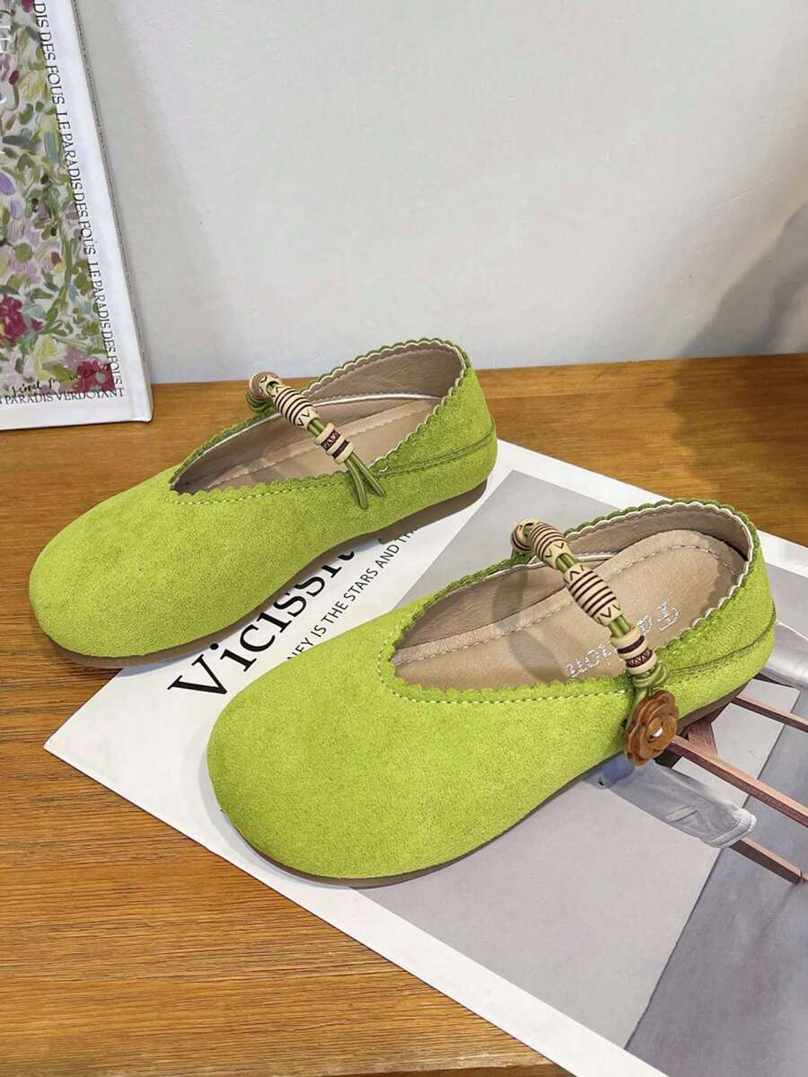 Girls' Vintage Shallow-Cut Mary Jane Shoes, Spring/Autumn Soft Sole Hook And Loop Flower Decor Princess Shoes - Green - View 1