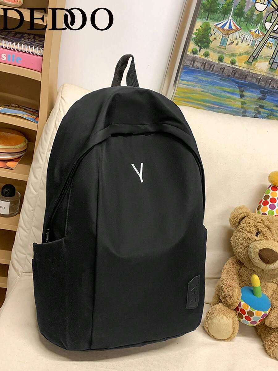 Dedoo Ransel Resleting Colorblock, Bordir Huruf dan Detail Label, Kapasitas Besar, Tas Sekolah Pelajar, Cocok untuk Kampus, Ransel Pelajar untuk Kembali ke Sekolah - Hitam - View 1
