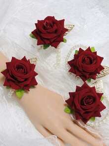 1PC/6PCS Elegant Navy Blue Rose Korean Style Silver Leaf Beaded Elastic Pearl Wrist Decor Flower - Navy Blue - View 11