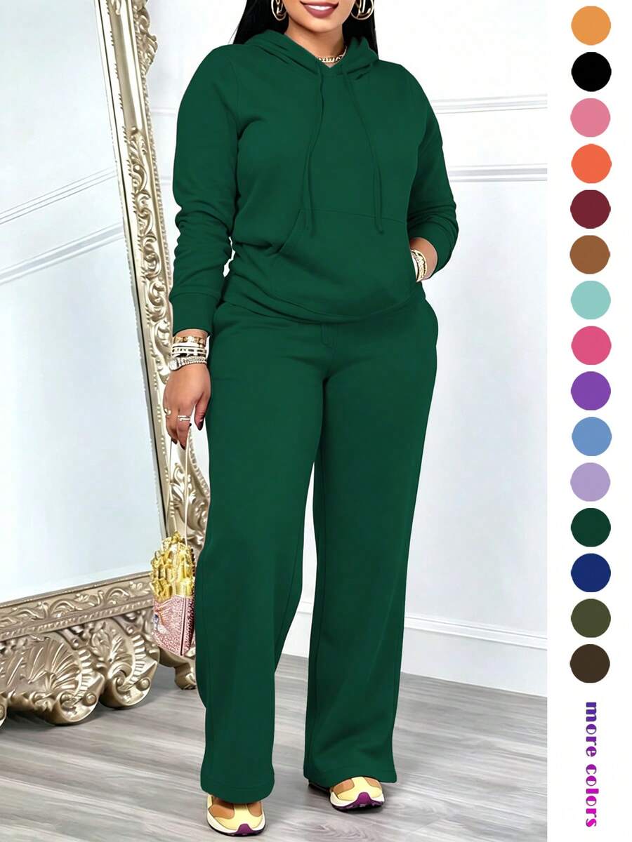 Women's Casual 2-Piece Set Solid Color Elegant Long Sleeve Hooded Drawstring Pocket Sweatshirt & Straight Leg Drawstring Pants Set, Lightweight And Soft, Suitable For Spring/Summer