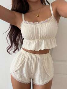 DAZY Sexy Hollow Out Spring Summer Autumn 2pcs Sleepwear Set Lace Trim Camisole & Shorts Women Loungewear - Beige - View 3