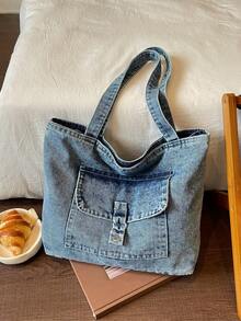 Fashionable Textured Large Capacity Denim Tote Bag, Casual Convenient Versatile Women's Handbag, Daily Commute Shopping Travel Shoulder Bag - Multicolor - View 7