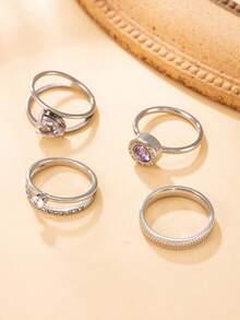 4pcs Stainless Steel Silver Rhinestone Ring Set, Fashionable Luxury Water Drop Zirconia Wide Textured Plain Band Double Row Rhinestone Roman Numeral Purple Zirconia Multi-Style Design Women's Stackable Rings, Holiday Gift, Daily Commute Matching Jewelry - Silver - View 3