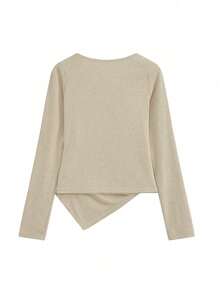Korean Style Asymmetrical Long Sleeve T-Shirt Women Autumn/Winter Slim Fit Inner Layer Short Length 2 In 1 Soft Style Top - Apricot - View 5