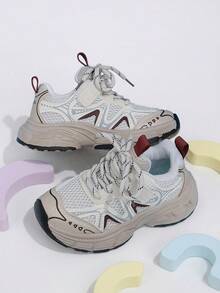 1 Pasang Sepatu Sneakers Anak-Anak Model Retro Jala Kontras Warna Beige & Merah dengan Tali dan Perekat Velcro, Cocok untuk Olahraga Luar Ruangan Sepanjang Musim - Merah - View 1