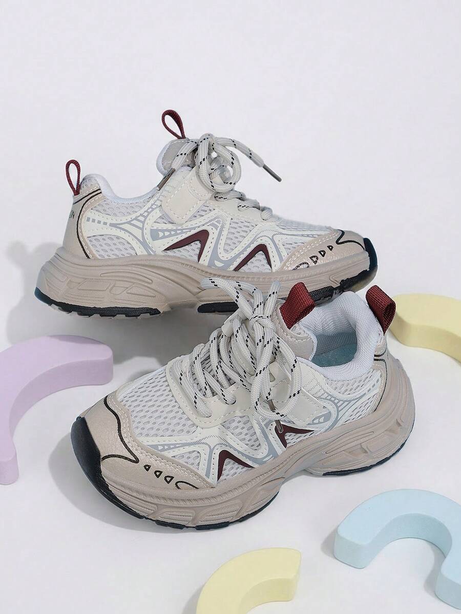 1 Pasang Sepatu Sneakers Anak-Anak Model Retro Jala Kontras Warna Beige & Merah dengan Tali dan Perekat Velcro, Cocok untuk Olahraga Luar Ruangan Sepanjang Musim - Merah - View 1