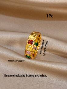 1Pc/Set Retro Flowers Open Ring Multicolor Rectangle Zirconia Ring,Gold Jewelry For Women,Party,Daily,Birthday Gifts,Christmas,Boho/Y2K/Fall/Halloween - Multicolor - View 8