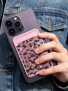 Leopard Print Shiny Diamond Phone Back Card Holder,Phone Back Wallet Pocket,Multifunctional Document Holder,Slim Portable Card Holder,For Couples - Multicolor - View 4