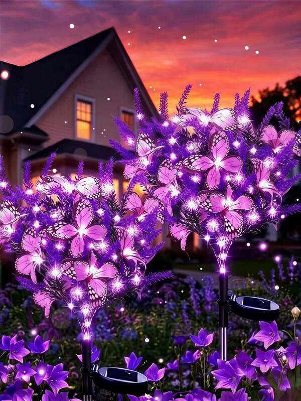 1pc Solar Powered Lavender Purple Butterfly Flower Light, Waterproof Outdoor Artificial Flower Garden Decor For Yard, Patio, Pathway, Lawn, Suitable For Halloween, Party, Wedding, Christmas Decoration