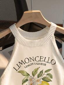 Blusa de cuello redondo sin espalda con estampado de limón, minimalista y de moda, adecuada para el uso diario, top de verano para mujer en blanco - Blanco - Ver 3