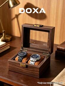 DOXA Retro Wood Grain 2-Grid Watch Display Box, Brass Hardware Transparent Window Suede-Lined Desktop Watch Storage Box - Brown - View 2