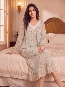 RS Pajama1 Lace V-Neck Long Sleeve Contrast Color Lace Romantic Elegant Printed Nightgown, Autumn/Winter - Mint Green - View 2