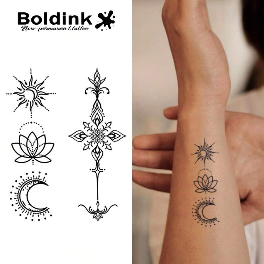 Boldink 1PC Lotus Crescent Moon Cross Line Art Temporary Tattoo Sticker, Waterproof Body Art Tattoo, Lasts 1-2 Weeks, Plant Juice Formula, And Gentle, Non-Irritating, Perfect For Daily Outfits, Body Decoration, Unisex Chinese Style Gift, Essential For People - Black - View 1