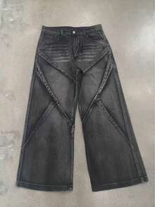 1pc Men's Distressed Vintage Wash Deconstructed Patchwork Wide Leg Jeans (Product Does Not Include Belt And Accessories) - Black - View 10