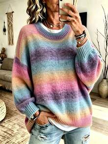Fashionable Women's Plus Size Long Sleeve Rainbow Sweater, Round Neck Drop Shoulder Knit Pullover, Autumn/Winter Women's Clothing - Multicolor - View 4
