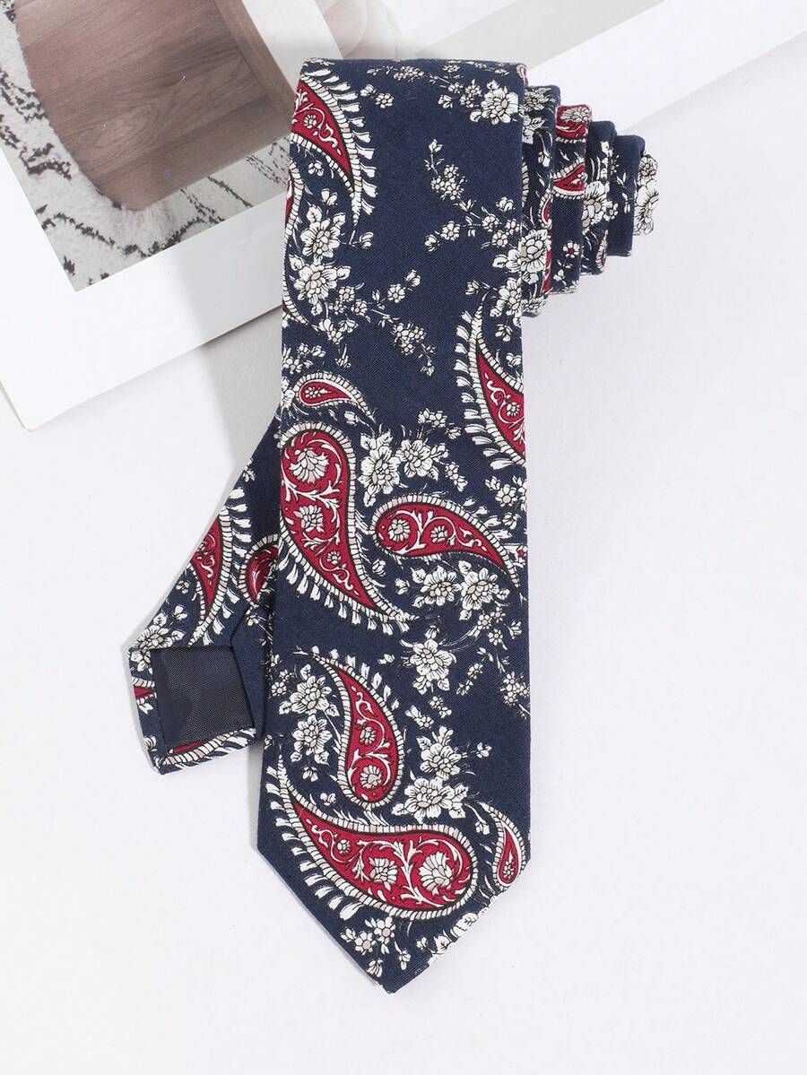 1PC Men's Fashion Paisley Pattern Hand-Tied Necktie, Suitable For Daily Wear, Outings, Parties, Weddings And Gatherings - Navy Blue - View 1