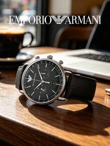 Armani Men's Aviator Chronograph Quartz Watch, Black Dial, Genuine Leather Strap, 50m Water Resistant, Tachymeter, AR11143 - Silver - View 2