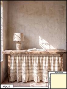 1/2pcs Beige Light Brown Horizontal Striped Table Skirt, Rustic Country Style Fabric Material, Rectangular Top With Pleated Details And Bottom Ruffle Hem, Concealment And Decorative Function, Suitable For Entryway Console Table Cover And Natural Rustic Home Decor - milk coffee color - View 16